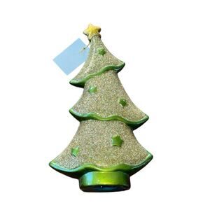 Old Time Pottery Glitter Ceramic Christmas Tree Top Mantel Decor Gold Green Star